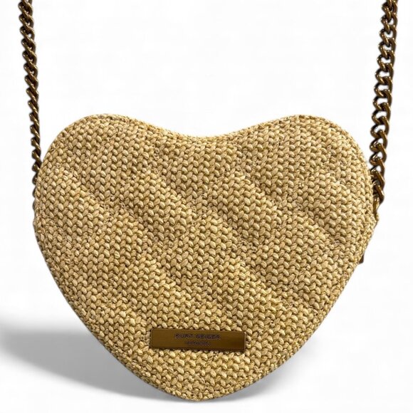 Kurt Geiger Kensington Heart Crossbody Bag Beige Straw Gold Chain NWT - Picture 5 of 15